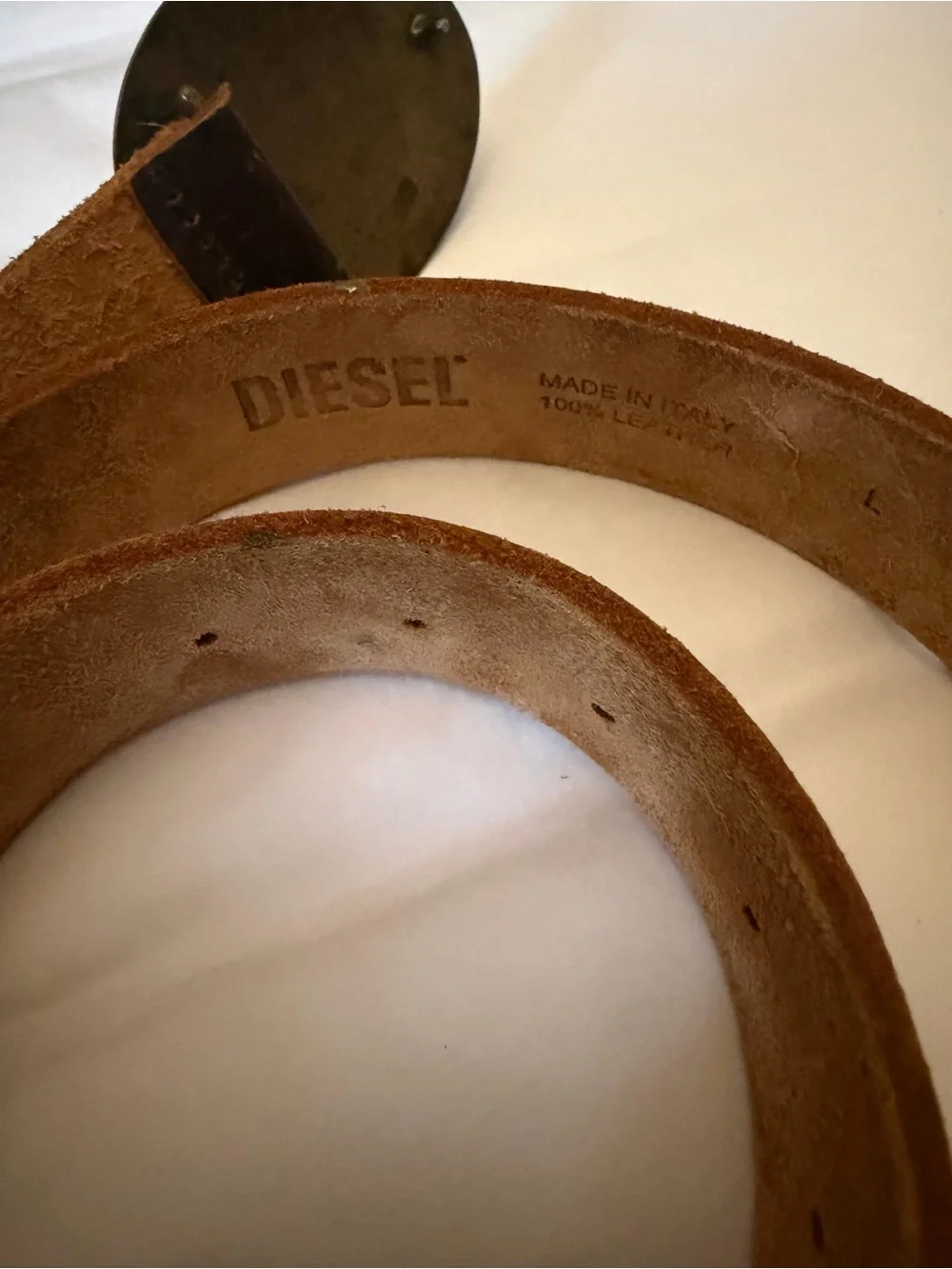Diesel Tooled Leather Belt with Antique Brass Oval Buckle - Tan